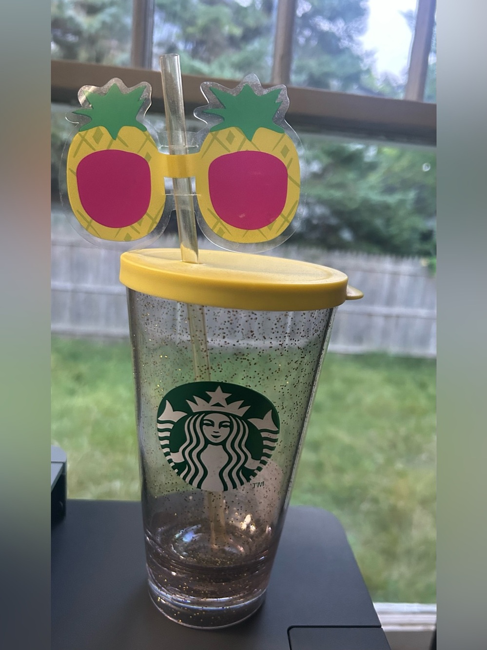 Starbucks Yellow Glitter Pineapple Tumbler with Straw Topper
